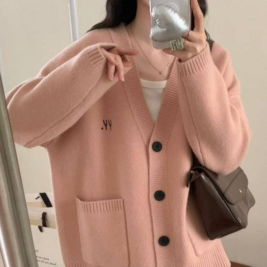 Women's Retro Embroidered V-neck Knit Cardigan - Korean Style Autumn/Winter Casual Loose Fit Sweater