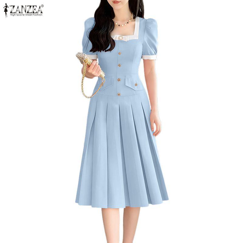 ZANZEA Damen Quadratkragen Lässig Kurzarm Elegantes Kleid