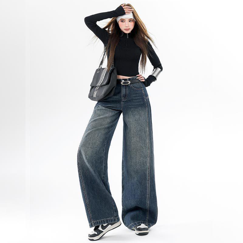 Retro blue scimitar wide-leg velvet jeans women's autumn and winter new high-waisted loose Spice girl straight pants