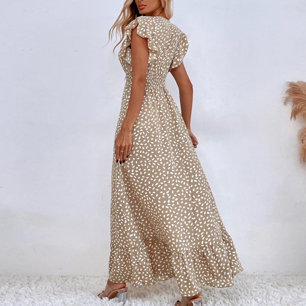 Women's Casual Fashion Sexy New V-Neck Ruffle High Waist Slim Fit Long Maxi Dress With Short Sleeves