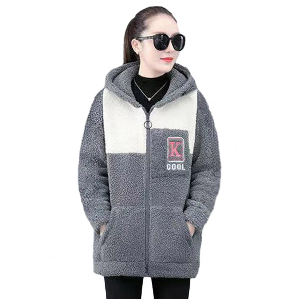 Damenjacke Colorblock-Fleece-Kapuzenmantel mit Reißverschlusstaschen für Damen Warme Winter-Strickjacke Mittellange, lockere