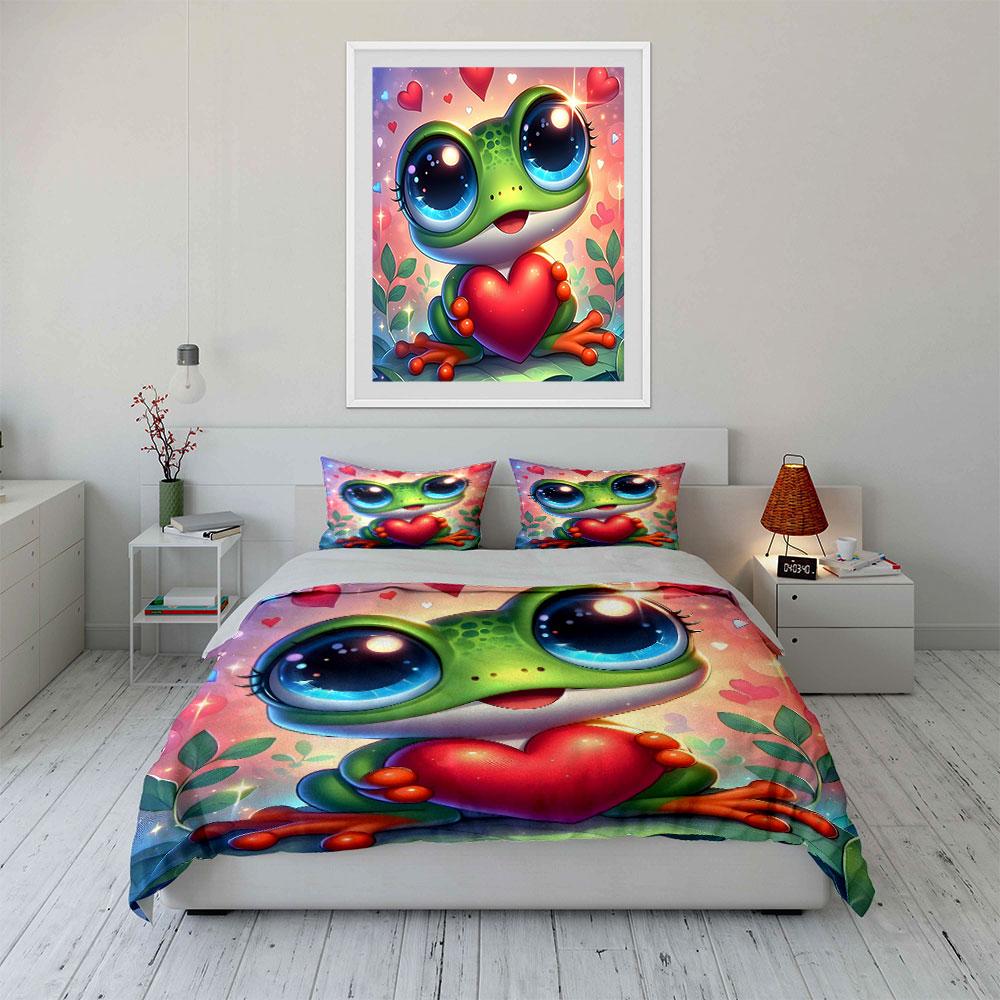 Cute Frog with Heart Design Bedding Duvet Cover Set (1*Duvet Cover 2*Pillowcases, without duvet insert)