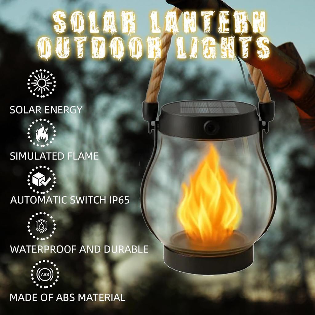 Solcellelanterne Utendørslys, med dansende flamme, Vanntett hampetau hengende flimrende solcellelys utendørs med doble lademoduser av