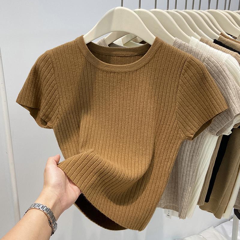 Dames Ronde Hals Brede Streep Korte Mouw Gebreide Top Lente/Herfst Seizoen Slank Makend Korte Blouse