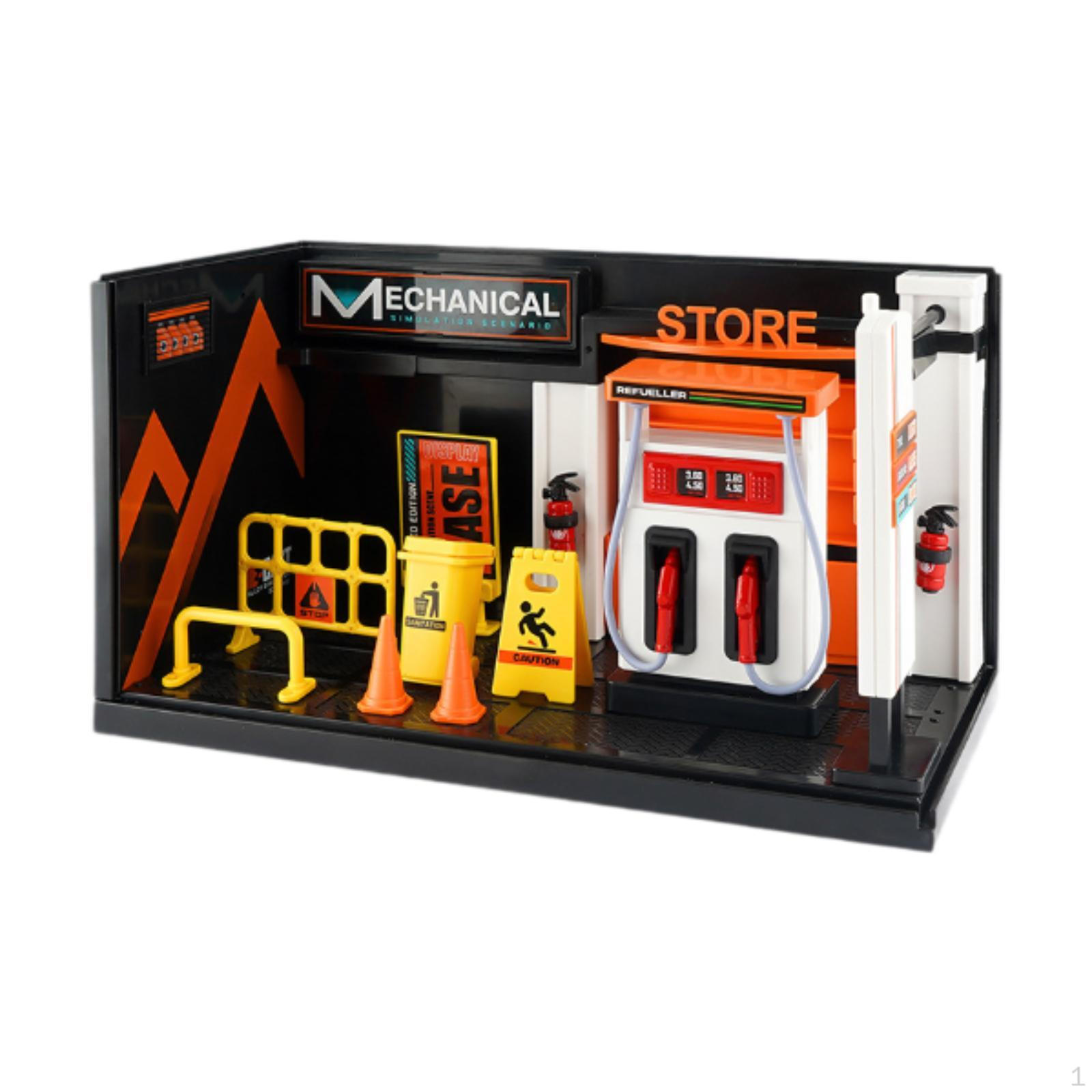 

1/24 Диорама Модель гаража для автомобиля, Мастерская Сцена Модель для микроландшафта, Песочный стол, With Oil Machine