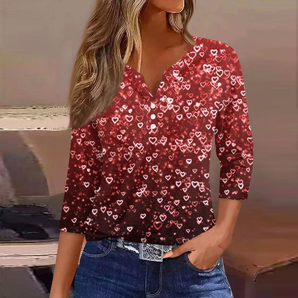 Camiseta feminina com estampa de botão, manga 3/4, moda diária de fim de semana, básica, decote em V, top regular