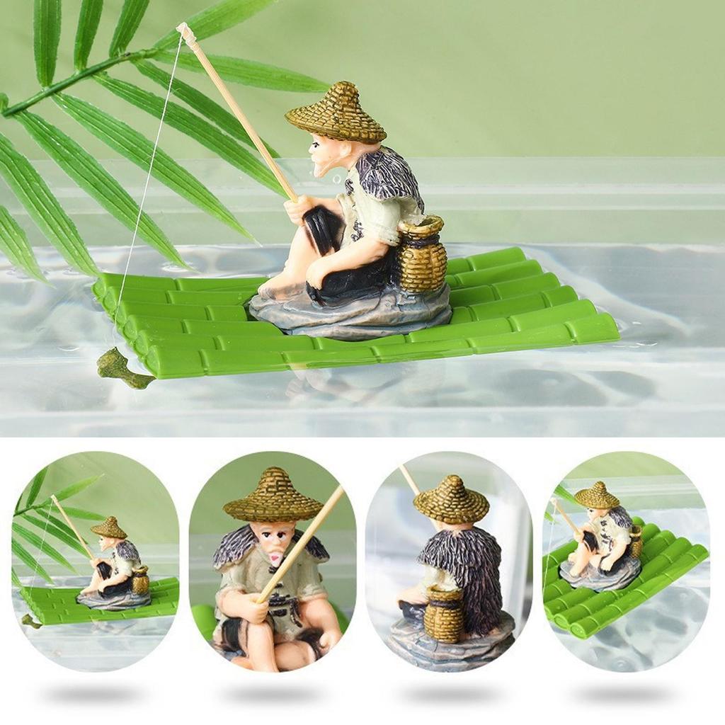 Fish Tank Decorations Realistic Floating Fishing Old Man Bamboo Raft Ornament Fishing Aquarium Betta Tank Landscaping Decoration