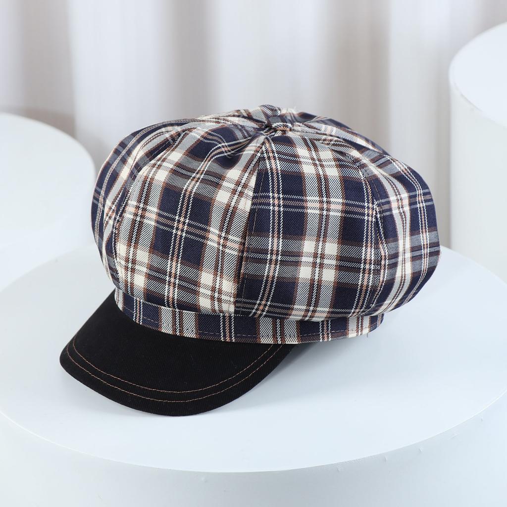 Female Checkered Beret Spring and Autumn Thin Japanese Retro Octagonal Hat Duck Tongue Hat