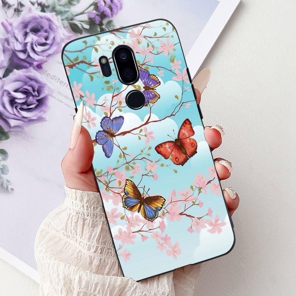 Para LG G7 ThinQ Funda Silicona Negra Gato Lindo Flores de Moda Trasera Pintada Genial Para LG G7ThinQ Funda de Teléfono LMG710EM