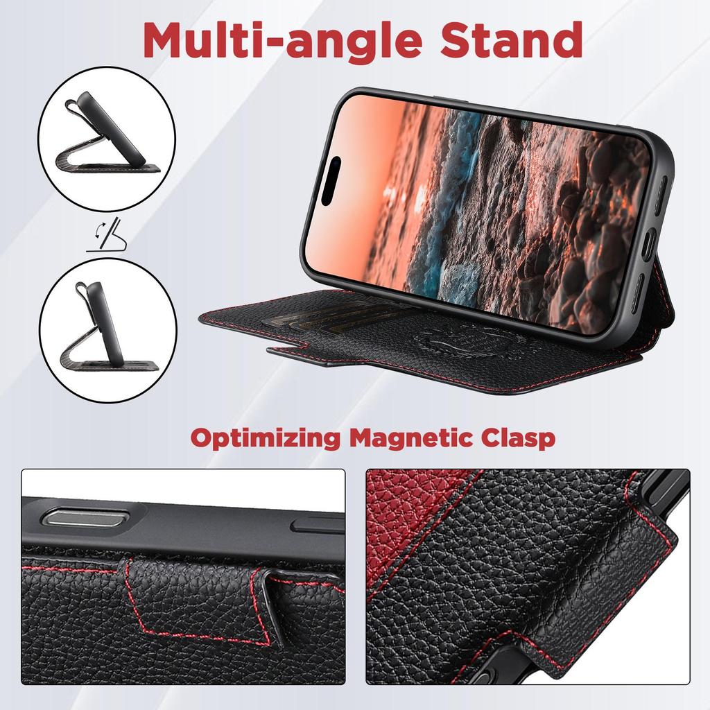 iPhone 17 Flip Case: Card Slot, Magnetic Snap, Wireless Charging Stand, Color Block Wallet, Leather