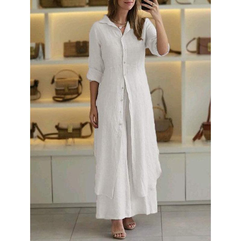 Elegant Cotton Linen Slim Fit Long Shirt Wide Leg Pants Set Women's Fashion Autumn Collection Comfort