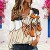 Women Plus Size V Neck Long Sleeve Halloween Printed Eyelet Chain Lace Up Top