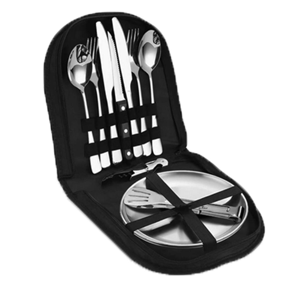 Stainless Steel Outdoor Cutlery Set with BBQ Plate, Tongs, Camping Knife, Fork, Spoon, and Portable Storage Bag