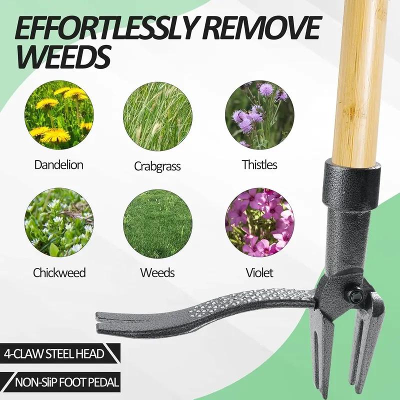 Weed Puller Stand-Up Weed Puller Tool with Long Handle & 4-Claw Steel Head 3-Sectioal Pole Design Garden Hand Weeding Tool