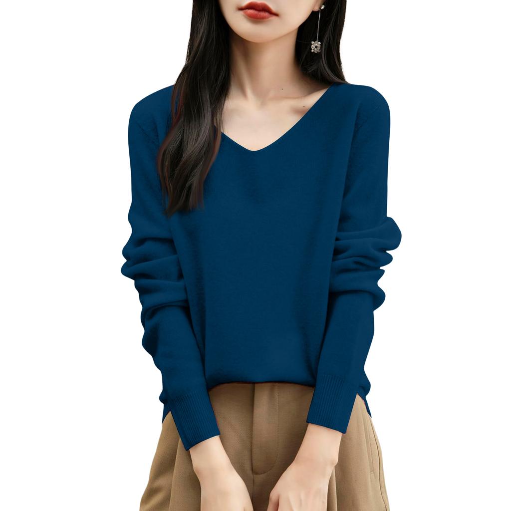 Women's Fashion Flat-Knit V-Neck Pullover Sweater Solid Color Long-Sleeve Top