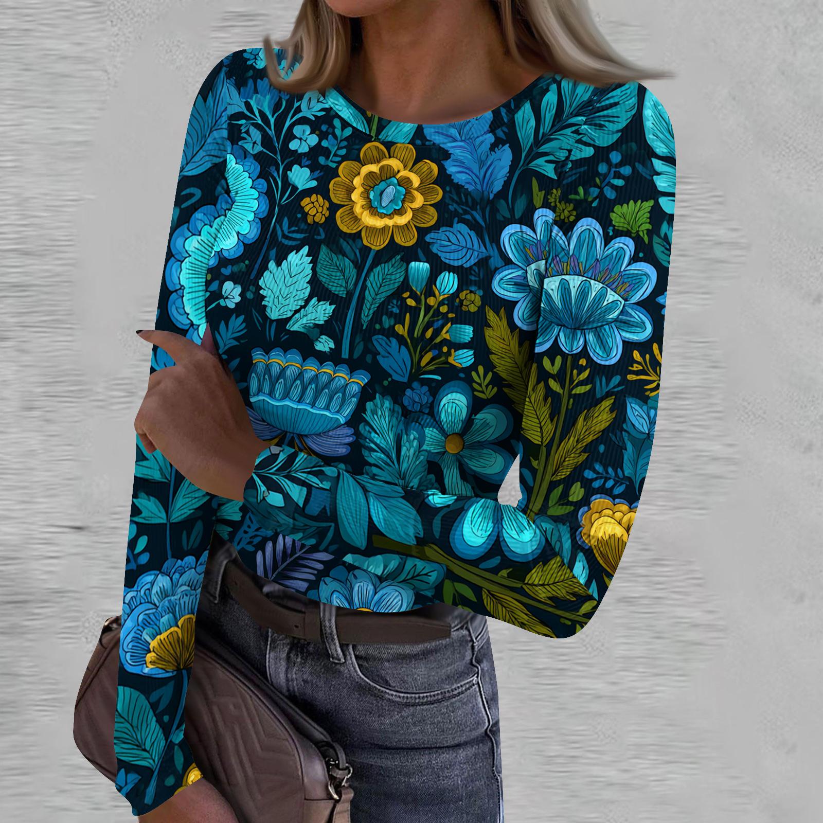 

Women s Casual Fashion Round Neck Retro Print Long Sleeve Ribbed Top XL синій
