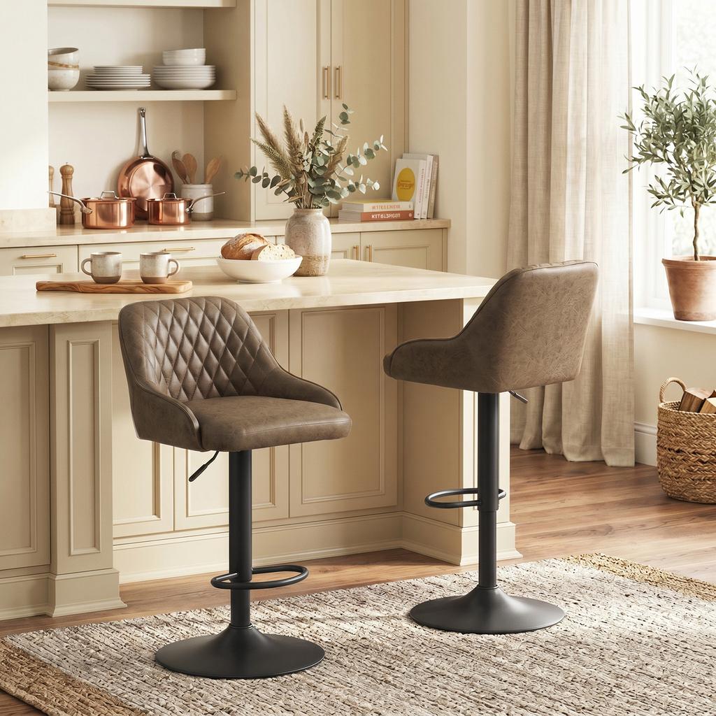 Bar Stools, Set of 2, High Kitchen Stools, Swivel Seat, Adjustable Height, Dark Brown