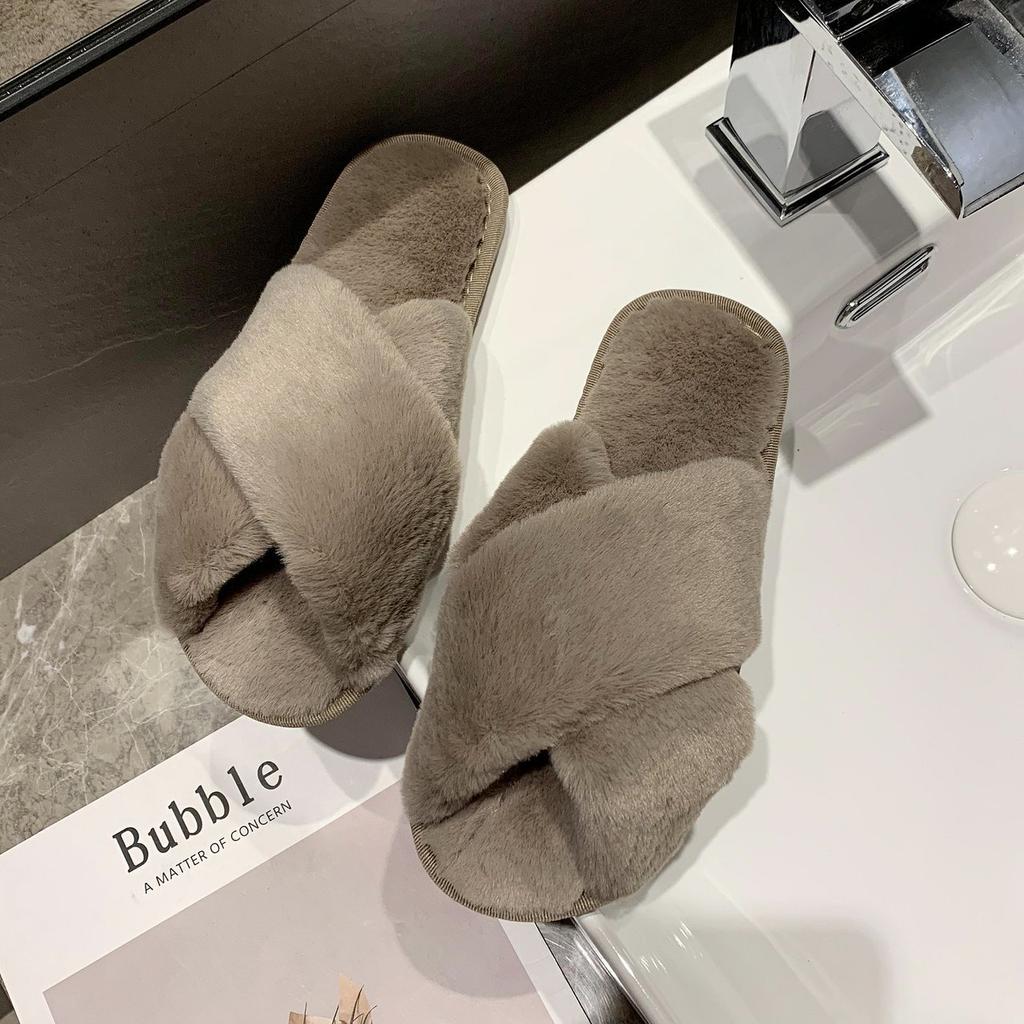 Winter New Women Slippers Faux Fur Cross Fluffy Flat Slippers Women's Home Floor Flip Flops Fashion Plush Warm Slippers WSH3748