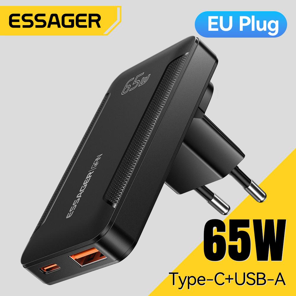 Essager Black 65W Gan Ultra Thin Usb C Charger - Pd 3.0 Fast Charging Portable Travel Adapter For Iphone 17 16 15, Macbook, Samsung, Laptop