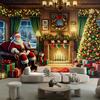 Santa Claus Christmas background with vintage fireplace - holiday party office decoration and live streaming