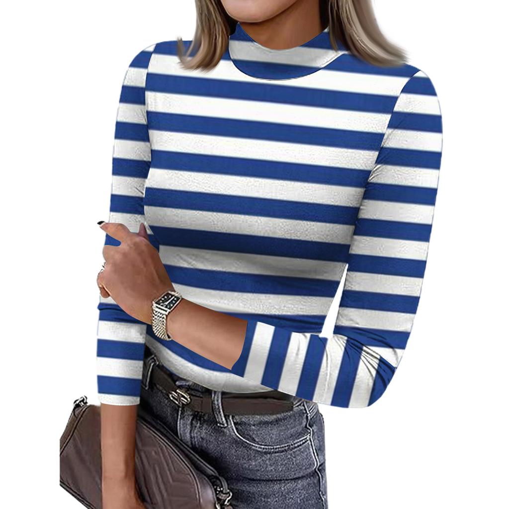 Women's Slim Bottom T-shirt Fashion Casual Stripe Printing Round Neck Pullover 3/4 Sleeve Top