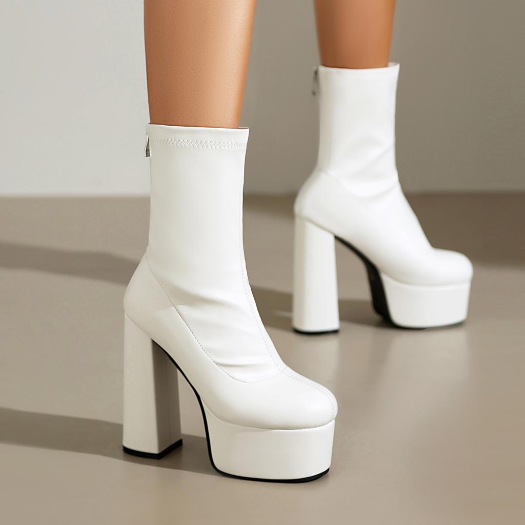 Gold Women Back Zipper Platform Ankle Boots Metallic Silver High Chunky Heels Winter Autumn White Dress Club Stretch Short Boots