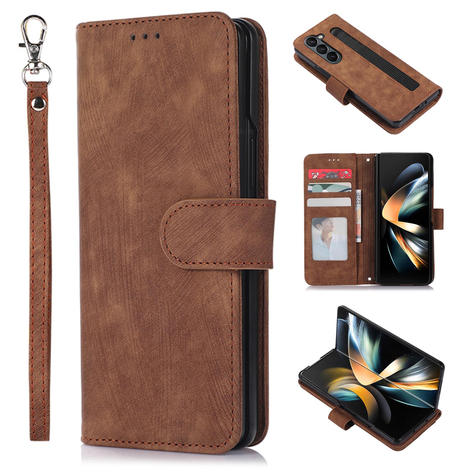 

For Samsung Galaxy Z Fold5 5G PU Leather+PC Wallet Phone Case Stand Skin-touch Protective Cover Brown