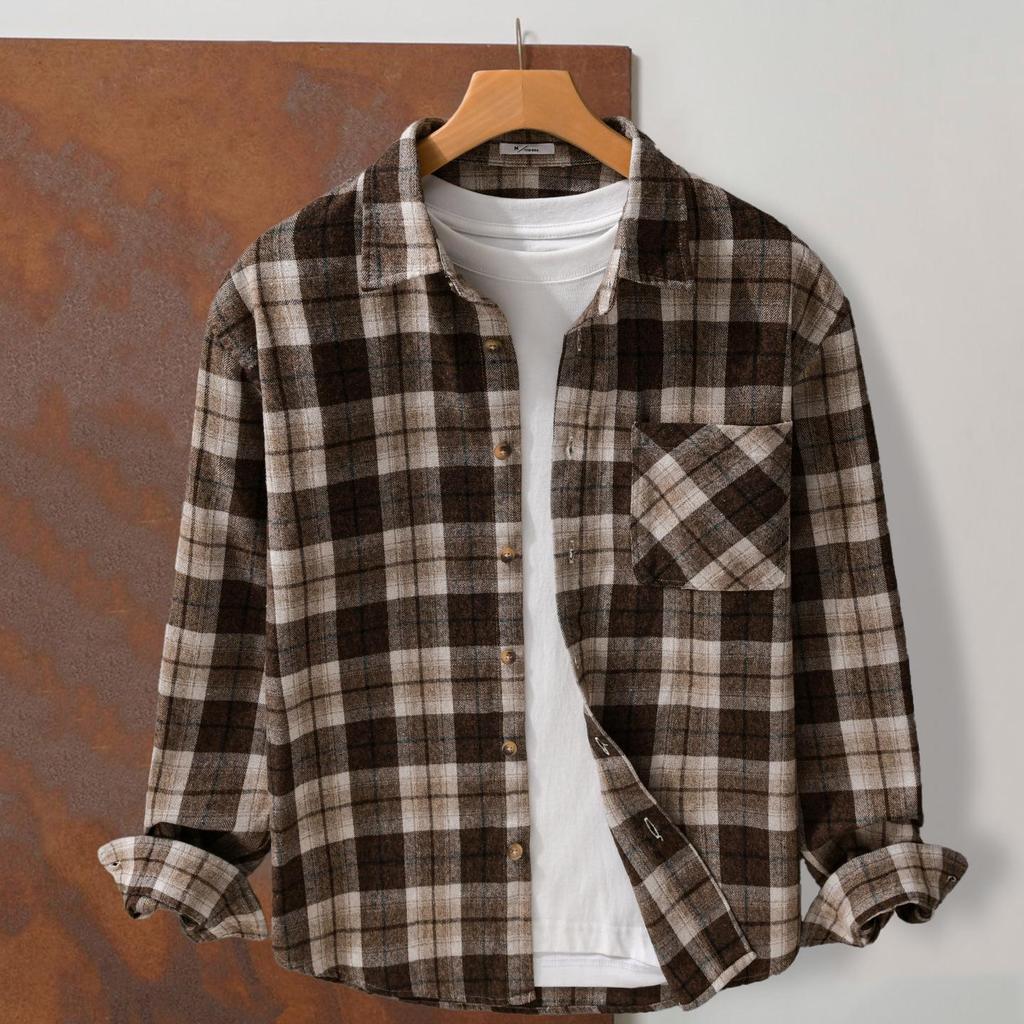 Autumn 2023 Men's Retro Plaid Long Sleeve Shirt - Loose and Comfortable