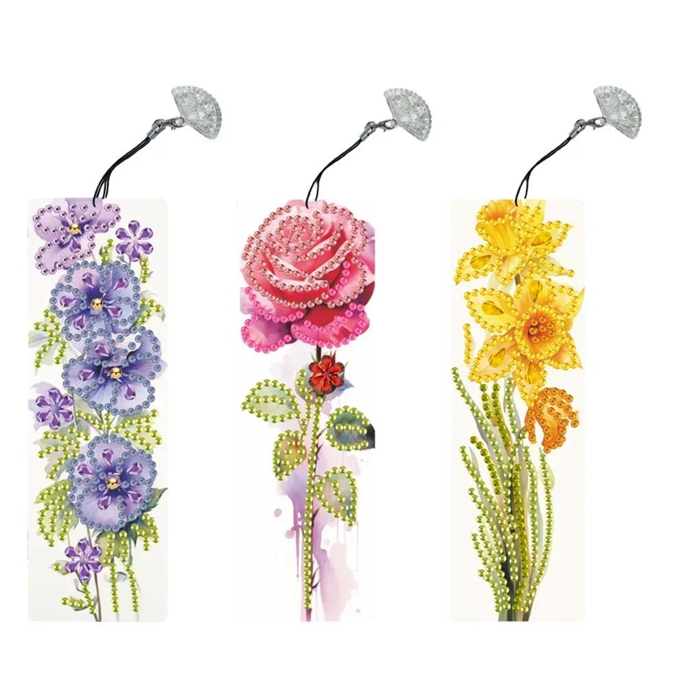 3Pcs Special Shape Flower Diamond Bookmark Art Projects Diamond Painting Bookmark Making Kit Diamond Art Bookmark with Pendant