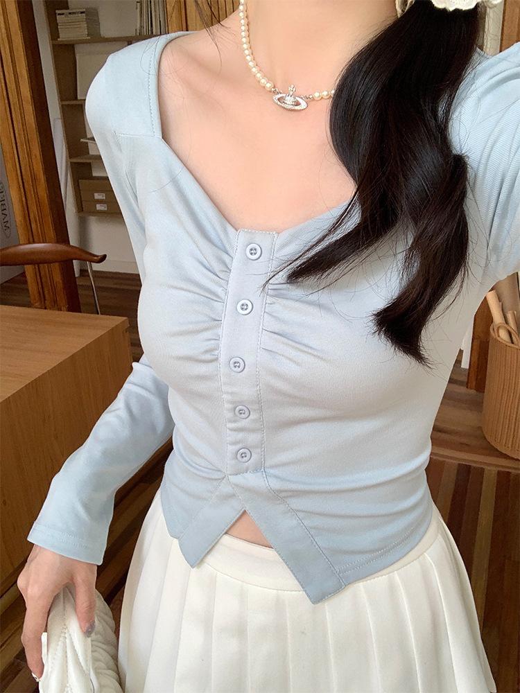 Stylish high-end sense irregular tight and thin short Spice girl big neckline long sleeve women's autumn versatile