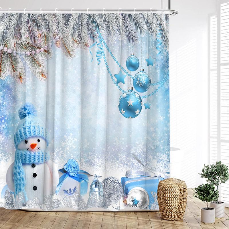 Funny Red Santa Claus Shower Curtain Gold Xmas Balls Gifts White Snowflakes Winter Christmas Bath Curtains Home Bathroom Decor