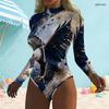 Women Plus Size High Neck Long Sleeve Front Zip Navy Gold Red Printed One Piece Swimsuit