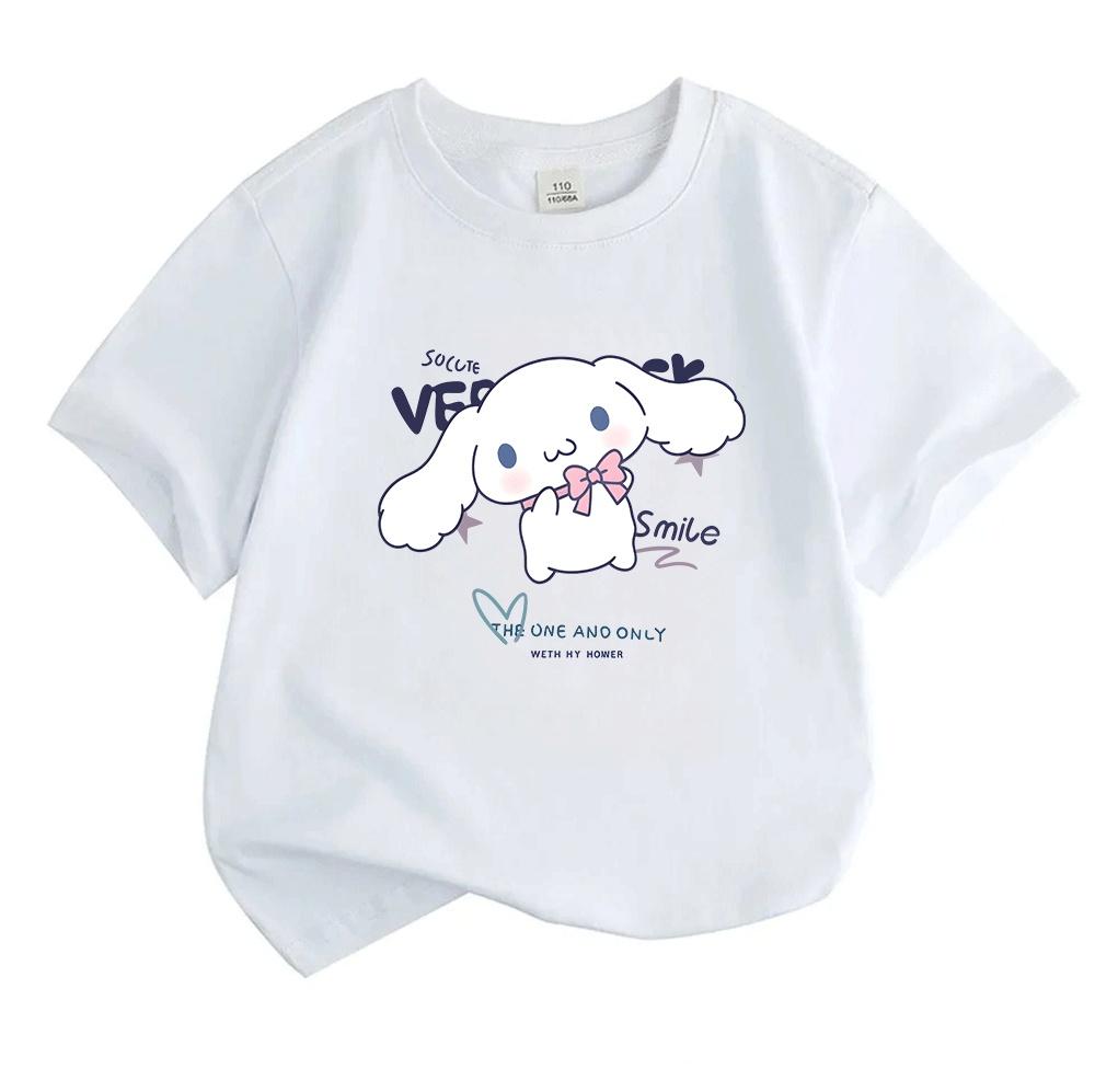 Cute White Long Ear Cartoon Character Print Kids 100% Cotton T-shirt Boys Girls Casual O-Neck Short Sleeve Tee Soft Breathable Summer Daily Comfortabl