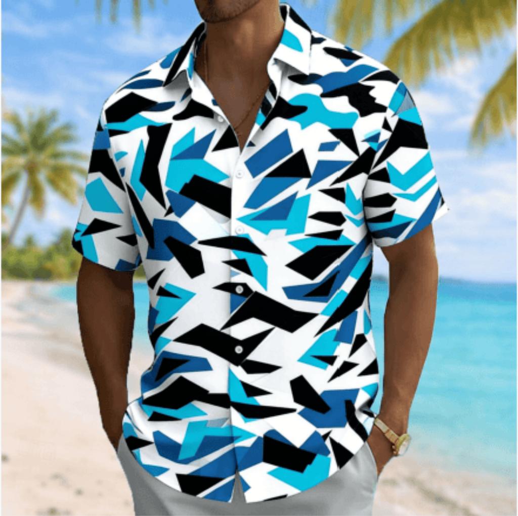 Men's Color Block Irregular Geometric Print Short Sleeve Shirt, Summer Casual Vacation Turn-Down Collar Blouse, Loose Fit Top