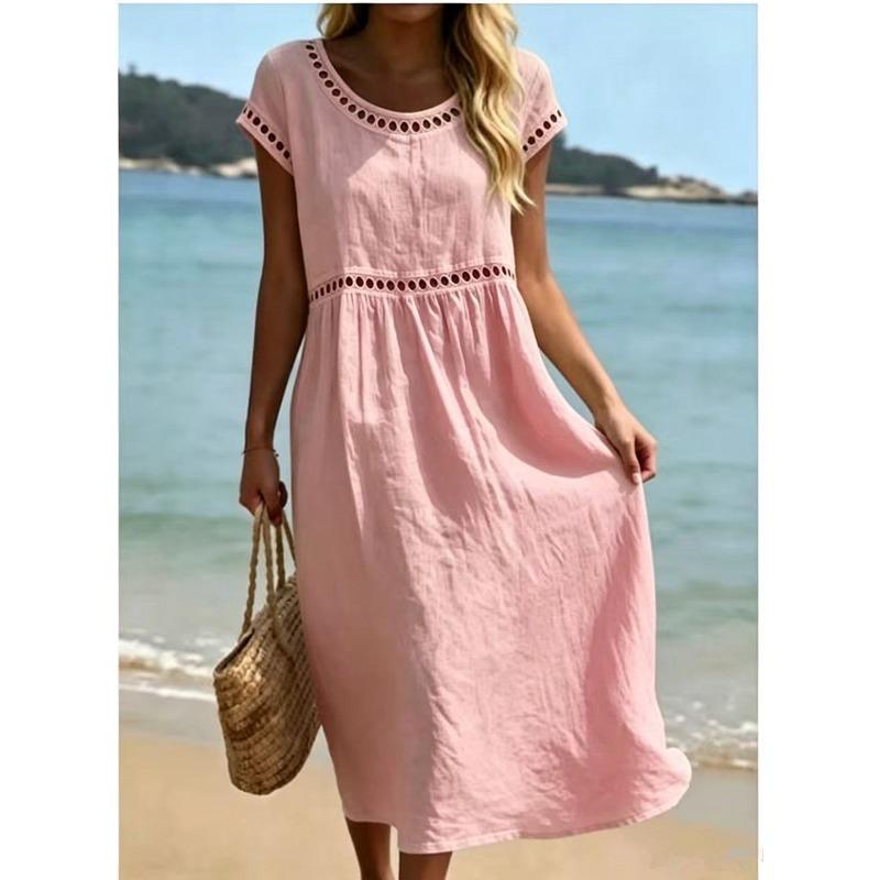 JPNTKY Fashion Summer Spring  Solid Color Print O-Neck Short Sleeve Casual Dresses