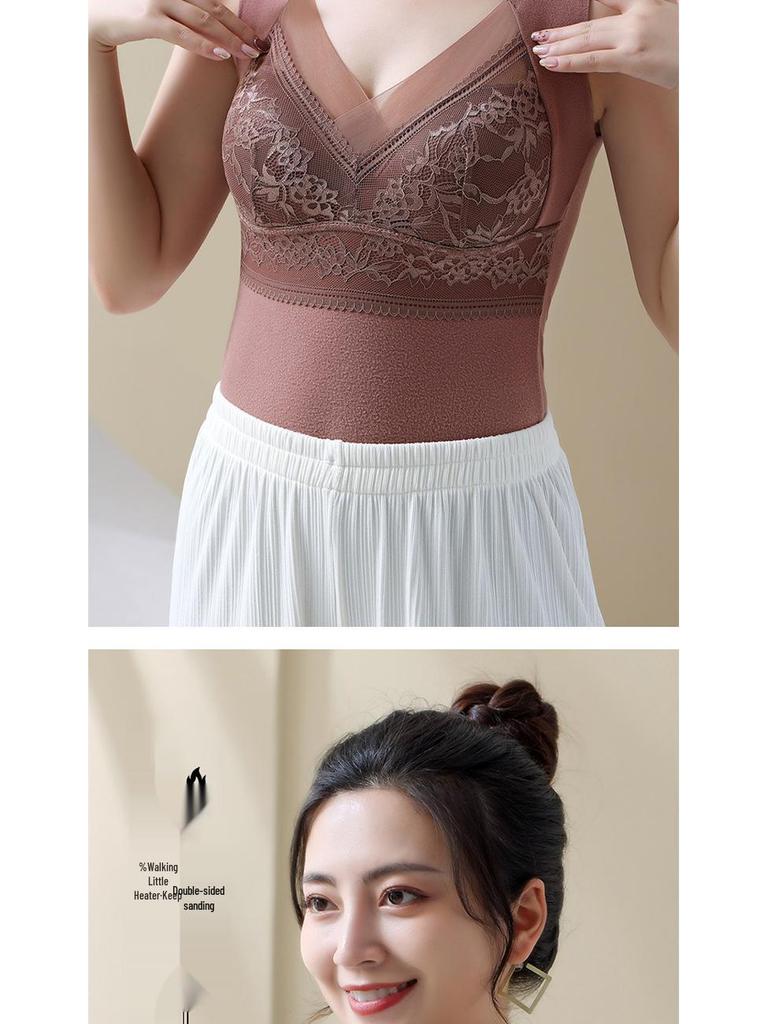 806 Women's V-Neck Seamless Lace Warm Vest with Chest Pad - Winter Base Layer