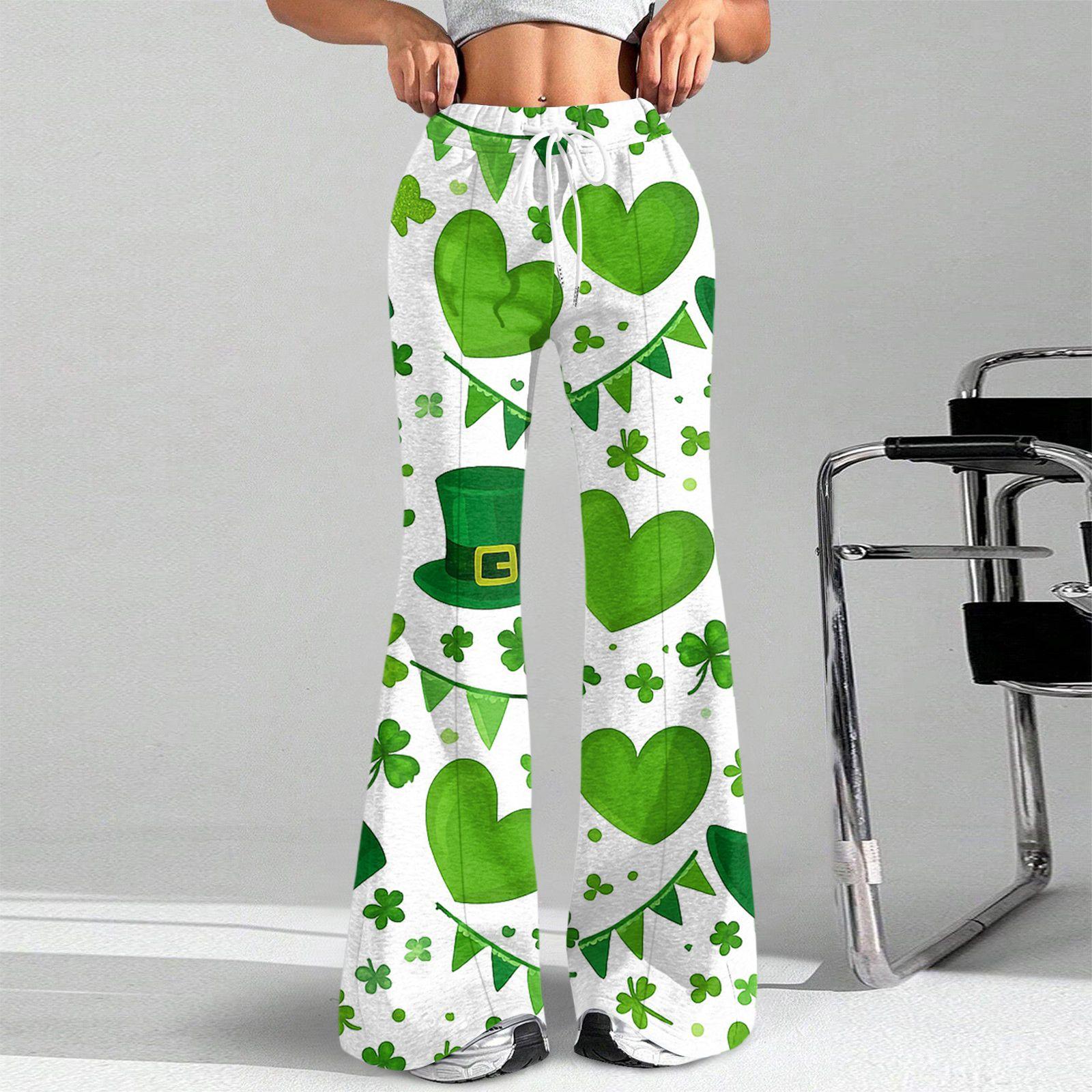 Women s Fashion Loose Drawstring Waist St. Patrick s Day Printed Casual Sports Pants Casual Flared Pants XXL зелёный