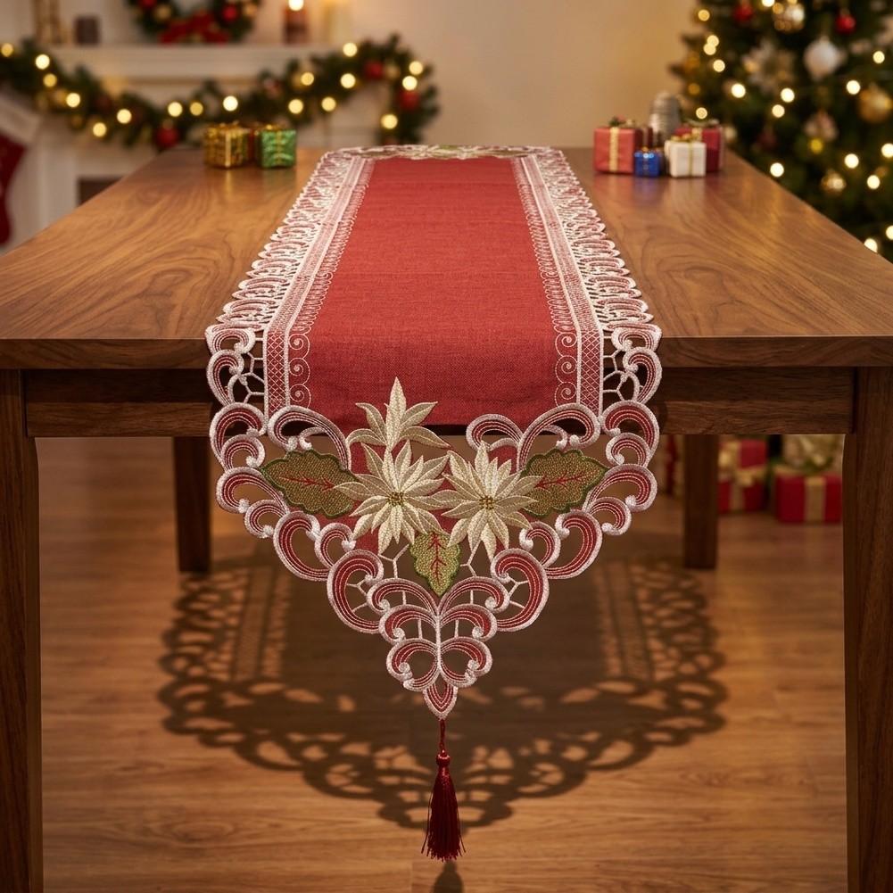 Polyester Table Scarf 40x175CM Red Festive Design with Embroidered Flowers and Hanging Tassel for Dining Table