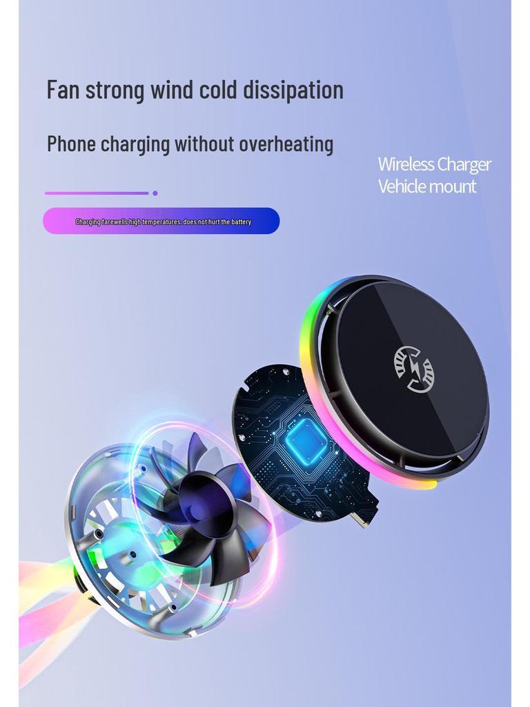 2026 Magnetic Smart Fan Car Phone Holder with Ambient Light & Wireless Fast Charging