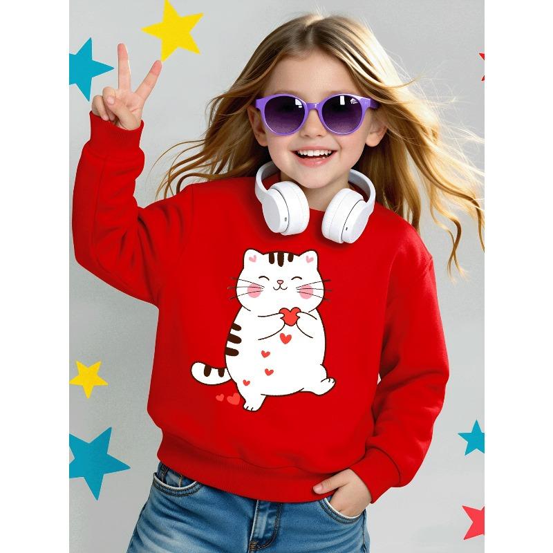 Kids Crewneck Long Sleeve Sweatshirt,Cute Cartoon White Kitten Holding Hearts Graphic Print