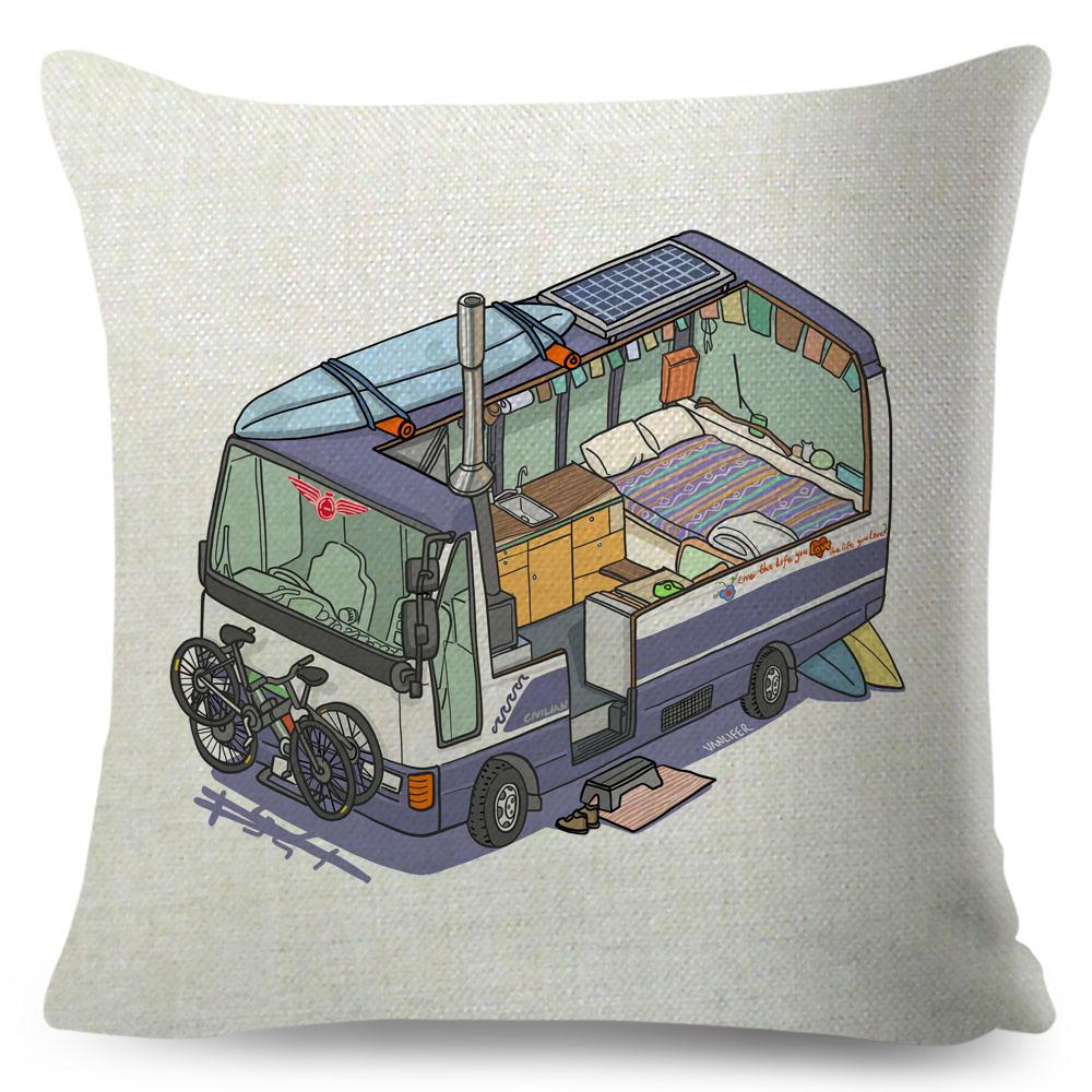 Van Life Pillow Case Decor Cartoon Camper House Travel Car Cushion Cover for Sofa Home Children Room Vanlife Pillowcase 45x45cm