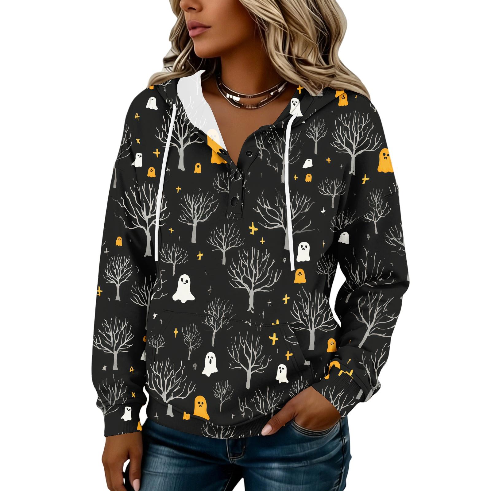 Women s Fashion Hooded Button Front Halloween Print Sweatshirt XL