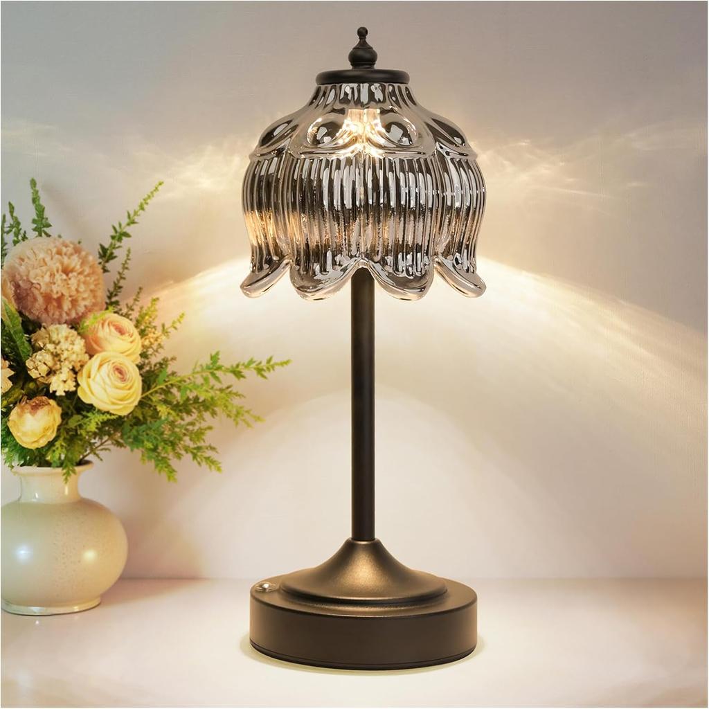 Cordless Table Lamp, Rechargeable Amber Glass Lotus Flower Lamp | 5200mAh touch lamp with 3 color modes and stepless dimming, battery operated lamp