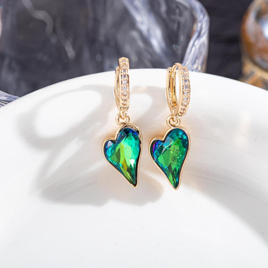 High-End European & American Zircon Heart Earrings – Colorful, Elegant Hoops, Clips & Dangles for Women