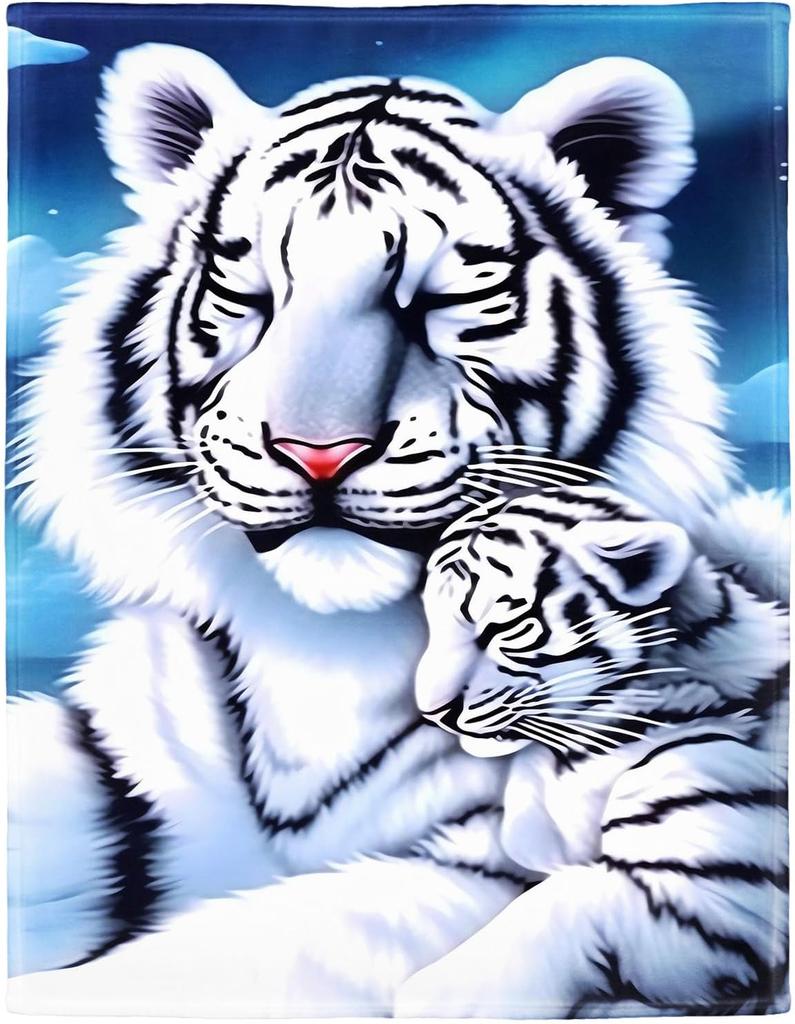 White Tiger Blanket Warm Plush Throw Fuzzy Bedspread Shawl for Bed Sofa Animal Print Flannel Blanket Fluffy Soft Cozy Blankets