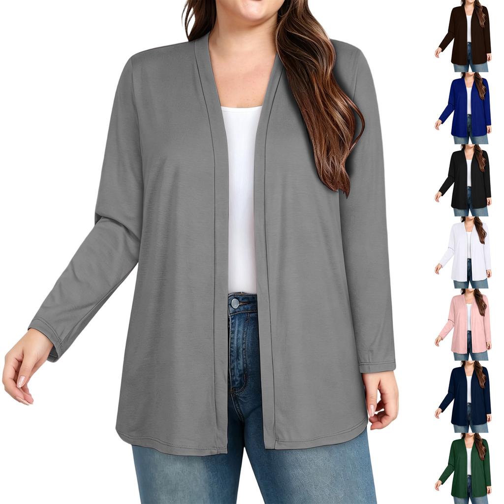 Women's Plus Size Soft Milk Silk Cardigan with Three-Quarter Sleeves and Pockets for Casual Everyday Wear