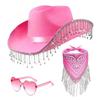 3pcs/Set Bandana Stage Performance Hat Heart Sunglasses Rhinestone Tassel Western Cowboy Hat 3pcs/Set Solid Color