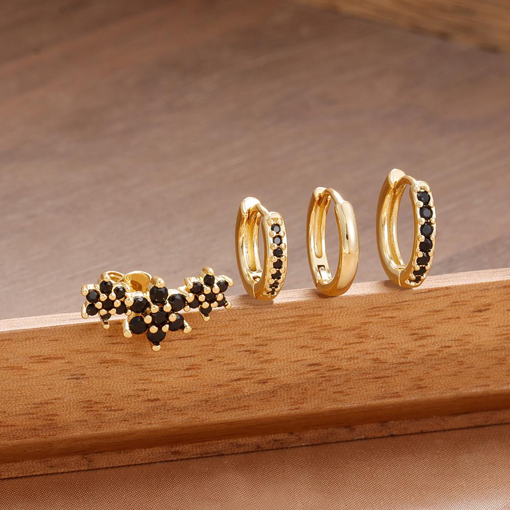 4PCS Fashion Stainless Steel Zircon Round Hoop Earrings Set For Women European Simple Hoops Flower Ear Stud Wedding Jewelry