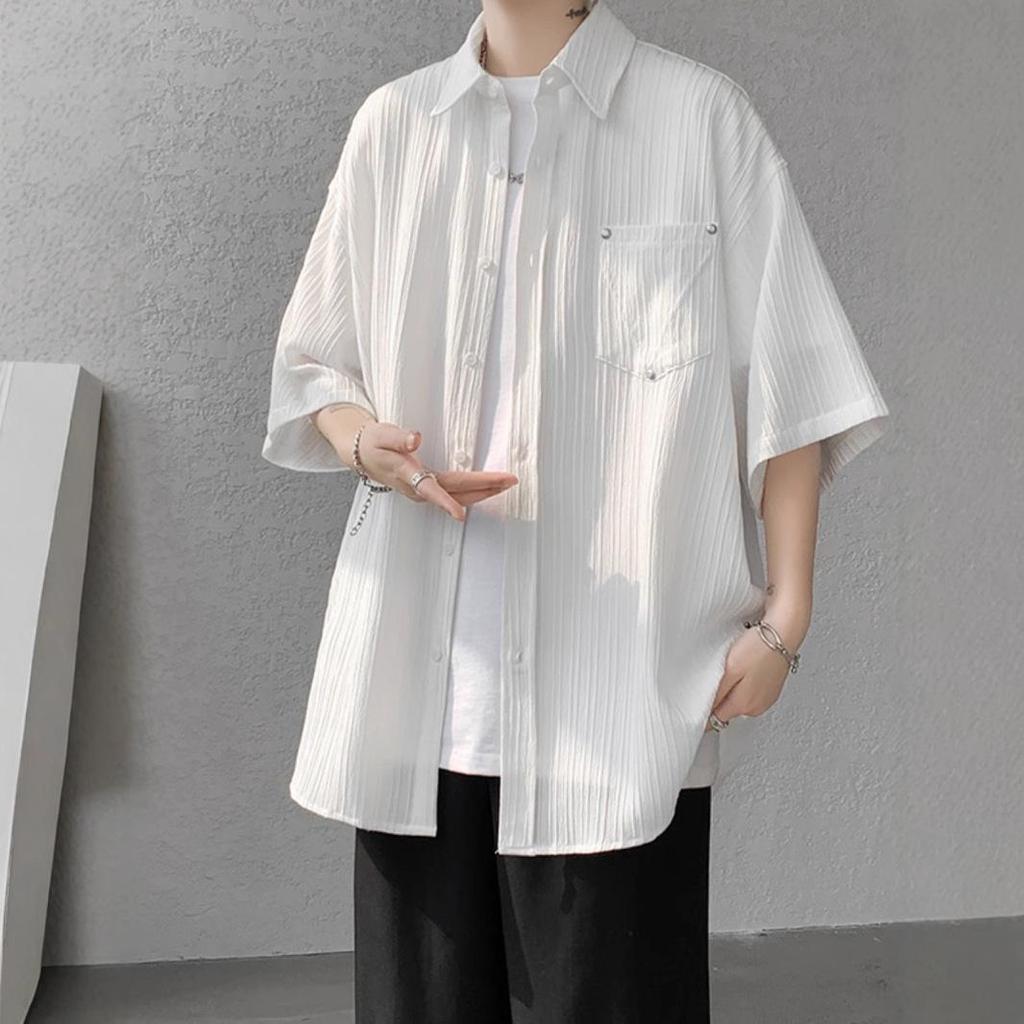Men's Short-Sleeve White Ice Silk Shirt - Drapey, Niche Design Workwear Jacket with Five-Point Sleeves