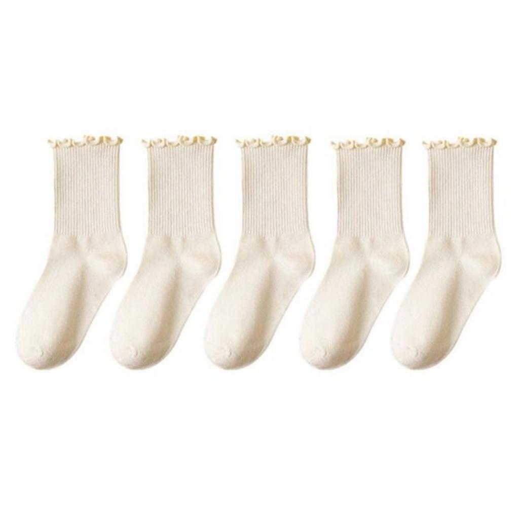 Cremefarbene Schnür-Damen-Wadenstrümpfe, Frühling und Sommer Reine Baumwolle Japanischer Stil Rüschen Jk Socken, Herbst und Frühling Kurze Socken